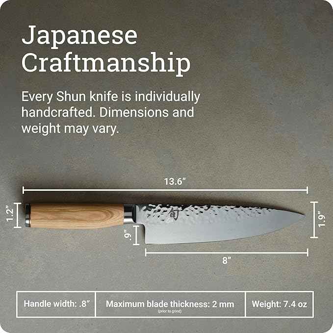 Shun Premier Blonde 8" Chef's Knife, Handcrafted Japanese Kitchen Knife for Professional and Home Chefs, VG-MAX Core with Damascus Stainless Steel Cladding, Pakkawood Handle