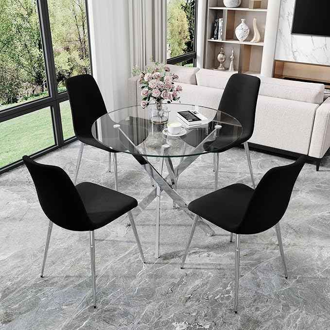 AF ARTISAN FURNITURE 36" Round Glass Dining Table Set for 4, 5-Piece Modern Kitchen Table with 4 Black Scoop Velvet Chairs, Modern Circle Leisure Table for Home Office Dining Room (Silver Leg)