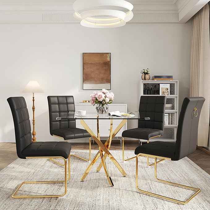 AF ARTISAN FURNITURE 5 Piece Square Glass Dining Table Set, Gold Glass Kitchen Table Set for 4 Modern Table Set with 4 Black PU Upholstered Dining Chairs, for Small Space, Breakfast Nook