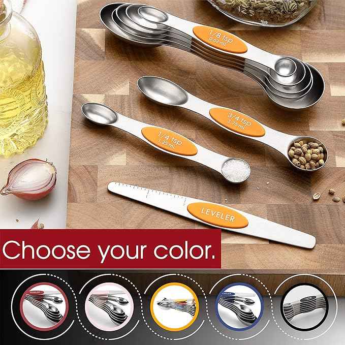 Spring Chef Stainless Steel Magnetic Measuring Spoons Set of 8 with Leveler, Dual Sided Metal Teaspoon & Tablespoon Measuring Spoons, Kitchen Gadgets for Baking & Cooking, Fits in Spice Jars - Mango