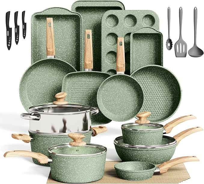 30 Piece Pots and Pans Set Non Stick, Granite Induction Cookware Sets, Nonstick Kitchen Cookware Sets, Non Toxic Cookware Set with Frying Pans and Saucepan, Kitchen Pots and Pans Set, Green