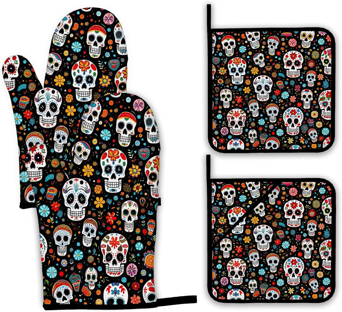 Day of The Dead Skull Mexican Oven Mitts and Pot Holders Set,Flower Kitchen Decor Heat Resistant Non Slip Hot Pads and Oven Mitt for Chef Cooking Baking BBQ Mom Girl Gifts(4 Piece Set)
