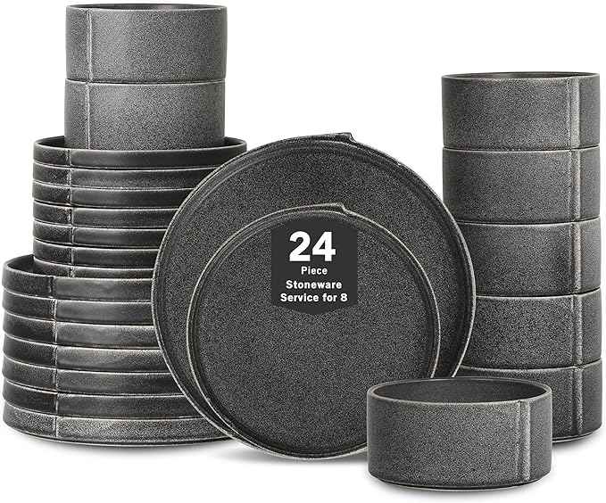Stone Lain Bao Charcoal 24-Piece Stoneware Dinnerware Set – Service for 8, Round Dinner, Salad & Cereal Plates – Modern Textured Tableware for Everyday Dining & Entertaining