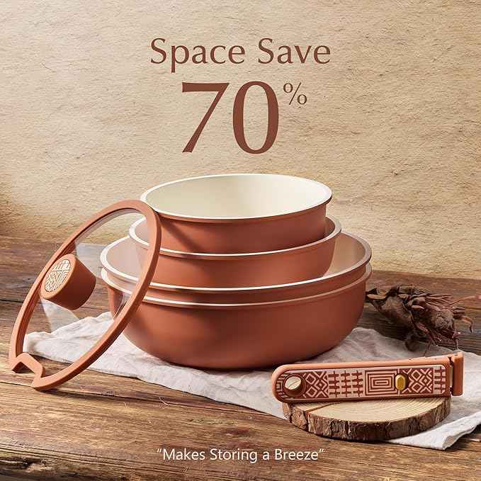 CAROTE 21-Piece Ceramic Cookware Set, Nonstick Pots and Pans Set with Detachable Handle, Non-Toxic Kitchen Cooking Set, Induction Compatible, Dishwasher & Oven Safe, Terracotta