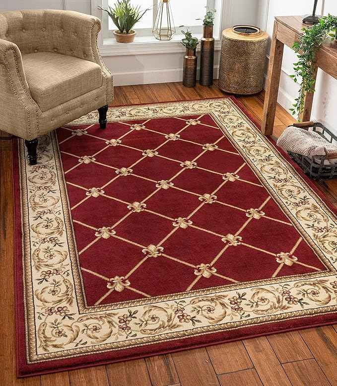 Patrician Trellis Red French European Formal Traditional 5X7 (5'3" X 7'3") Area Rug Easy To Clean Stain/Fade Resistant Shed Free Modern Contemporary Floral Thick Soft Plush Living Dining Room Rug