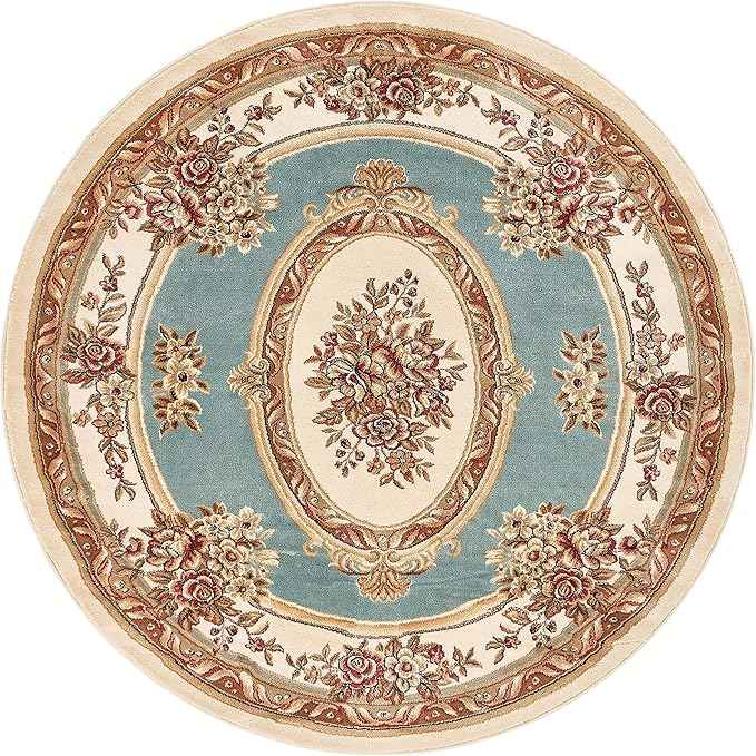 Well Woven Timeless Collection Le Petit Palais Light Blue 5' Foot Round Luxurious Traditional French Medallion Oriental Area Rug Perfect fLiving Room Bedroom Dining Room Easy-to-Clean Durable Design