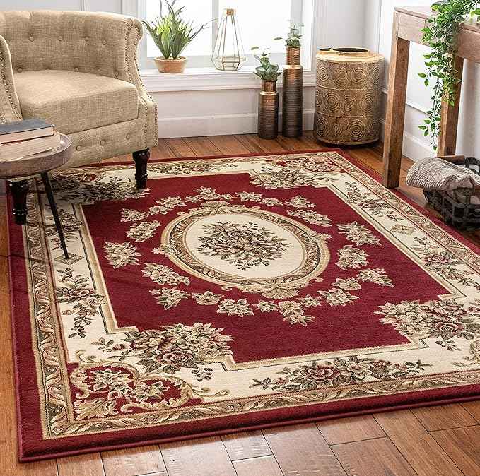Pastoral Medallion Red French European Formal Traditional Area Rug (5'3" x 7'3") Easy to Clean Stain Fade Resistant Shed Free Modern Contemporary Floral Thick Soft Plush Living Dining Room Rug