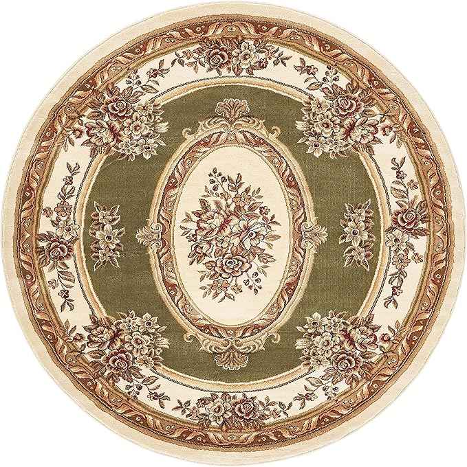 Well Woven Timeless Collection Le Petit Palais Green 5' Foot Round Luxurious Traditional French Medallion Oriental Area Rug Living Room Bedroom Dining Room Easy-to-Clean Durable Design