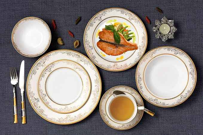Lorren Home Trends 57 Piece 'Chloe' Bone China Dinnerware Set (Service for 8 People), Gold