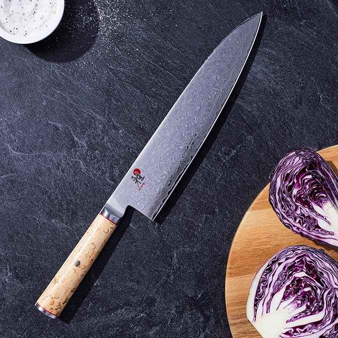 Miyabi Birchwood SG2 Japanese Chef's Knife, 9-inch, Large Blade Chef's Kitchen Knife, Karelian Birch Handle, 100-layer flower Damascus pattern, Handcrafted in Seki, Japan