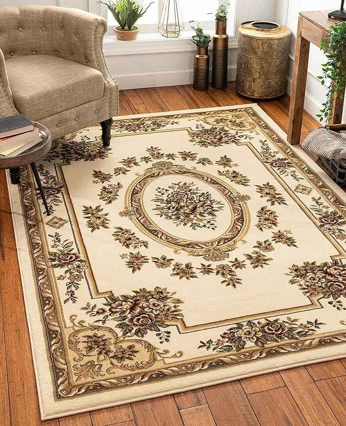 Well Woven Pastoral Medallion Ivory French European Formal Traditional (5'3" x 7'3") Area Rug Easy to Clean Stain/Fade Resistant Shed Free Contemporary Floral Thick Soft Plush Living Dining Room Rug