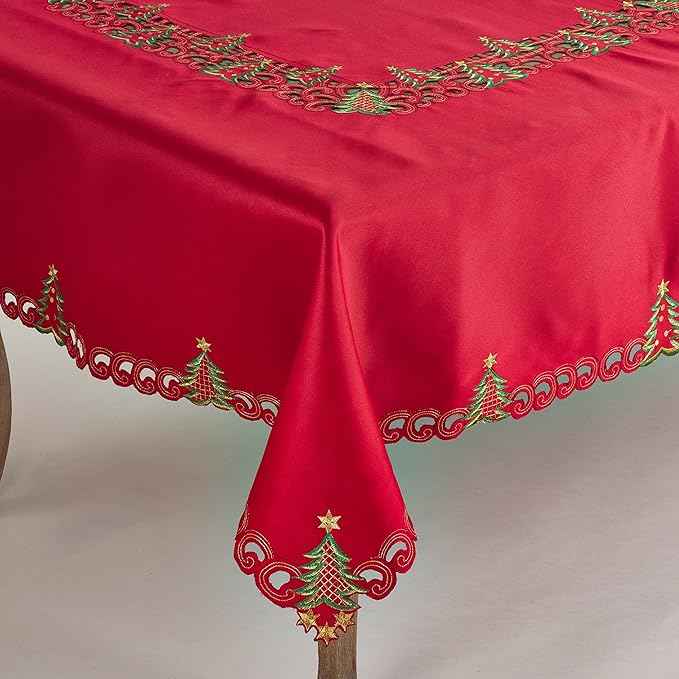 Fennco Styles Holiday Embroidered Christmas Tree Cutwork Border 67 x 120 Inch Tablecloth – Red Table Cloth for Christmas Dinner, Family Gathering, and Home Décor