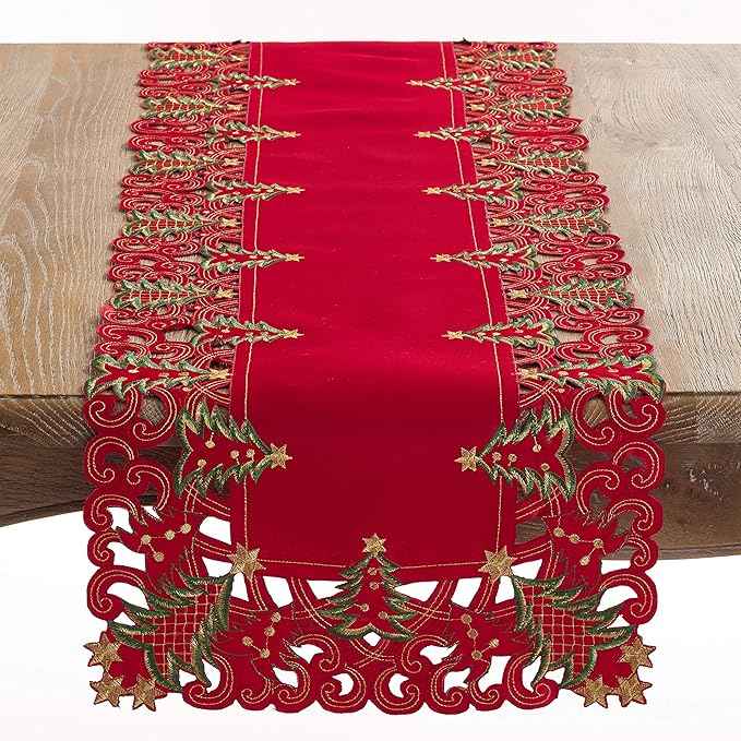 Fennco Styles Pandoro Collection Holiday Embroidered Christmas Tree Cutwork Border 16 x 90 Inch Table Runner – Red Table Runner for Christmas Dinner, Family Gathering, Special Events and Home Décor