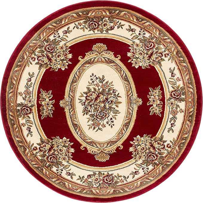 Well Woven Timeless Collection Le Petit Palais Red 8' Foot Round Luxurious Traditional French Medallion Oriental Area Rug Perfect for Living Room Bedroom or Dining Room Easy-to-Clean Durable Design
