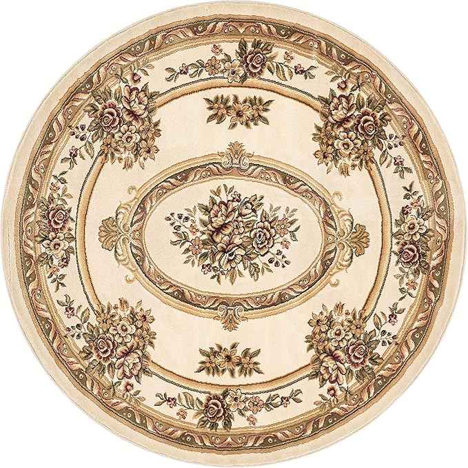 Well Woven Timeless Collection Le Petit Palais Ivory 5' Foot Round Luxurious Traditional French Medallion Oriental Area Rug Perfect for Living Room Bedroom or Dining Room Easy-to-Clean Durable Design