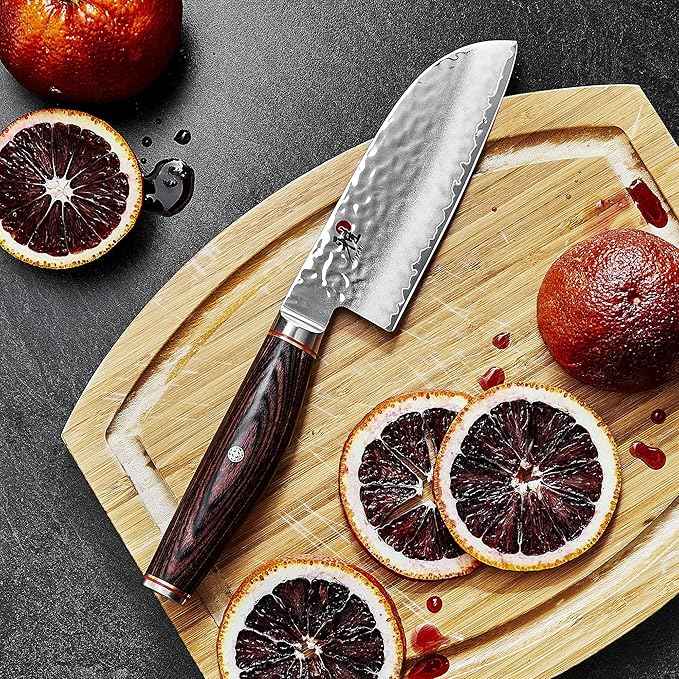 Miyabi Artisan Japanese Santoku Knife, 5,5-inch, Fine Edge Kitchen Knife, 63 Rockwell hardness, D-shaped, Rosewood Pakkawood handle, Handcrafted in Seki, Japan
