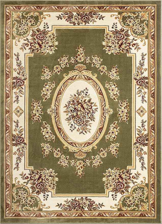 Well Woven Timeless Collection Le Petit Palais Green 9x13 Luxurious Traditional French Aubusson Medallion Oriental Area Rug Perfect for Living Room Bedroom or Dining Room Easy-to-Clean Durable Design