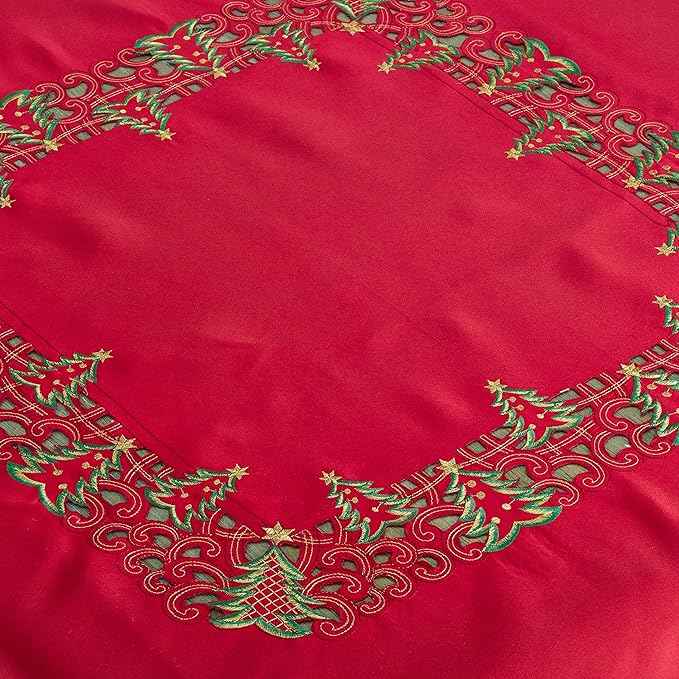 Fennco Styles Pandoro Collection Holiday Embroidered Christmas Tree Cutwork Border 67 x 160 Inch Tablecloth – Red Table Cloth for Christmas Dinner, Family Gathering, Special Events and Home Décor