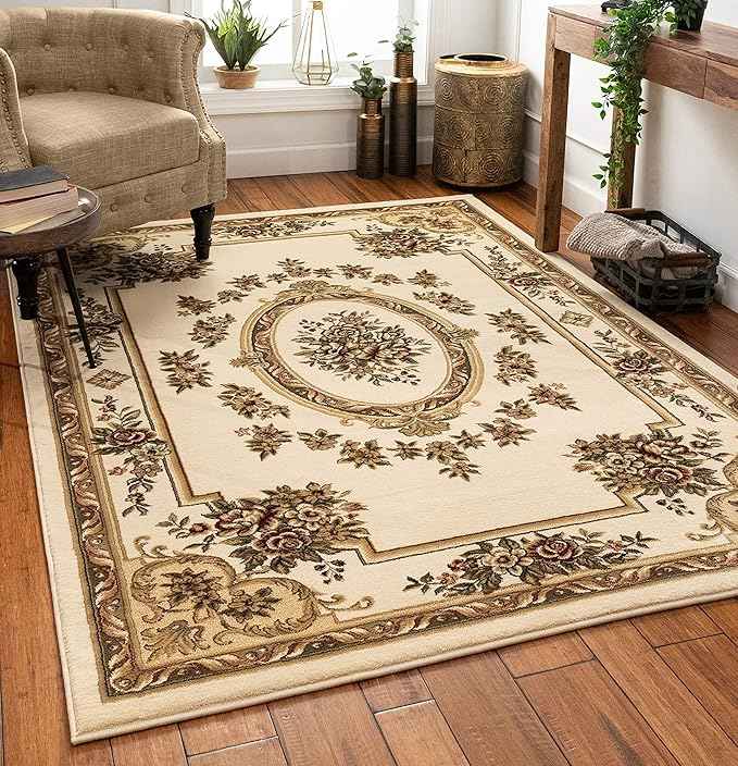 Pastoral Medallion Ivory French European Formal Traditional (7'10" x 10'6") Area Rug Easy to Clean Stain Fade Resistant Shed Free Contemporary Floral Thick Soft Plush Living Dining Room Rug