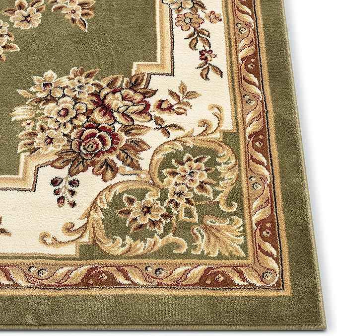 Well Woven Timeless Collection Le Petit Palais Green 6x9 Luxurious Traditional French Aubusson Medallion Oriental Area Rug Perfect for Living Room Bedroom or Dining Room Easy-to-Clean Durable Design