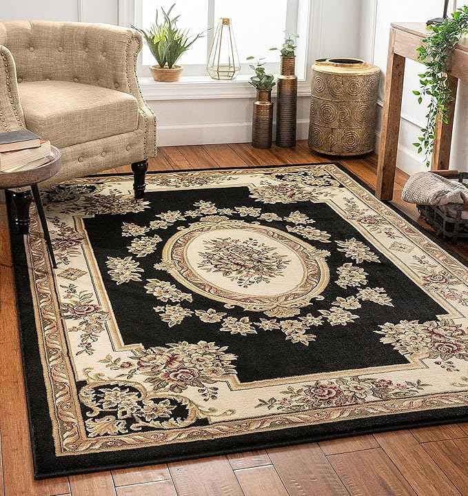 Well Woven Pastoral Medallion Black French European Formal Traditional Area Rug (5'3" x 7'3") Easy to Clean Stain/Fade Resistant Modern Contemporary Floral Thick Soft Plush Living Dining Room Rug