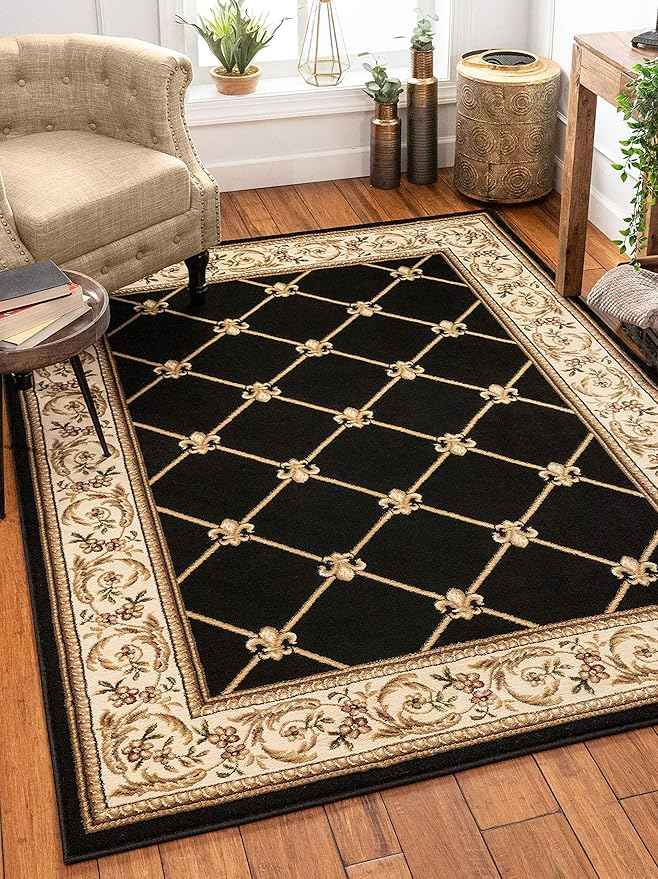 Patrician Trellis Black French European Formal Traditional (5'3" x 7'3") Area Rug Stain Fade Resistant Shed Free Modern Contemporary Floral Transitional Thick Soft Plush Living Dining Room Rug