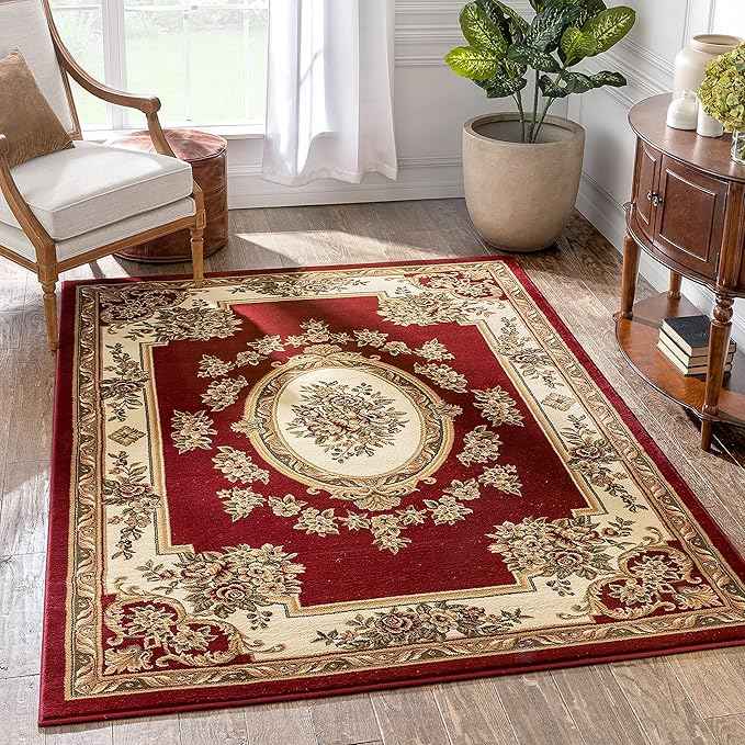 Well Woven Timeless Collection Le Petit Palais Red 11x15 Luxurious Traditional French Aubusson Medallion Oriental Area Rug Perfect for Living Room Bedroom or Dining Room Easy-to-Clean Durable Design