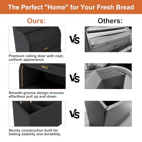 Roll Top Bread Box for Kitchen Countertop (Black)