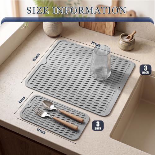6 Pack Silicone Dish Drying Mat Set Non Slip Silicone Easy Clean Heat Resistant Drying Mat for Kitchen Counter Sink Refrigerator Drawer Liner 20 x 16 Inch