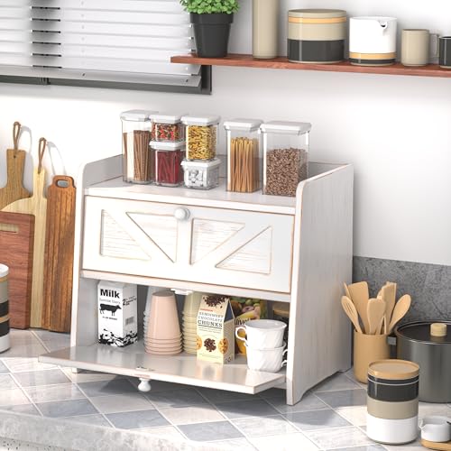 Corner Bread Box for Kitchen Countertop (Vintage White)