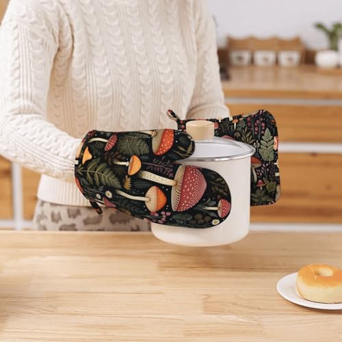 Oven Mitts and Pot Holders Mushroom Botanical Leaf Vintage Silicone Kitchen Accessories Set of 4 Heat Resistant Long Gloves Potholder Non (A0632)
