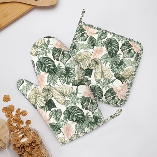Oven Mitts Pot Holders Set Tropical Leaf Pattern Silicone Kitchen Gloves Potholders Heat Resistant for Chef Baking Cooking Grilling BBQ 4 Pack Mitt (B0119)