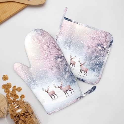 Oven Mitts Pot Holders Set Winter Deer Forest Christmas Silicone Kitchen Gloves Potholders Heat Resistant for Chef Baking Cooking Grilling BBQ 4 Pack Mitt (C03)