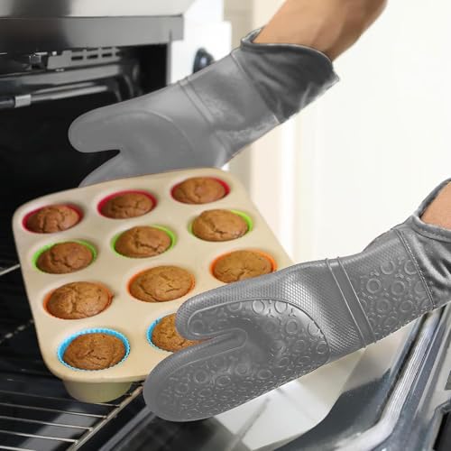 BPA Free Soft Silicone Oven Mitts (Gray / 2-Piece 14.7" Oven Mitts)