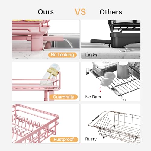 Expandable Dish Drying Rack for Kitchen Counter (Pink)