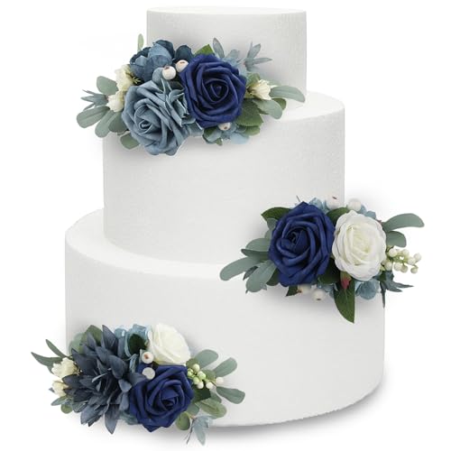 3Pcs Pre made Cake Topper Cake Decorating Flowers for Cake Decor Cake Flowers for Wedding Baptism Birthday Party Bridal Baby Shower