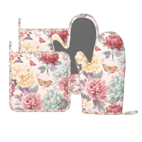 Oven Mitts and Pot Holders Set Peony Flower Butterfly Silicone Kitchen Accessories 4 Piece Heat Resistant Long Gloves Potholder Non (C10)