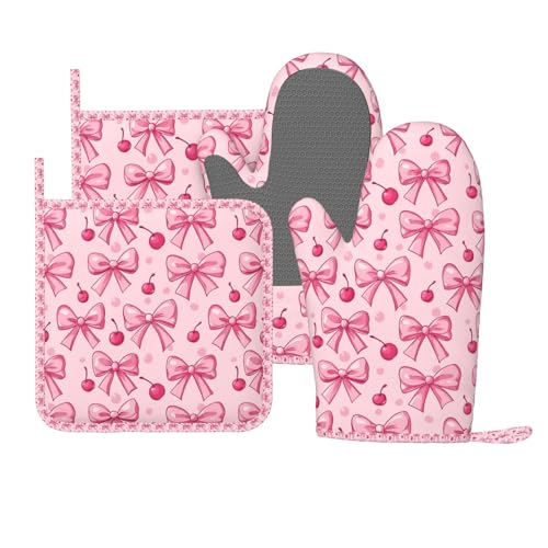 Oven Mitts Pot Holders Set Pink Bows Cherry Silicone Kitchen Gloves Potholders Heat Resistant for Chef Baking Cooking Grilling BBQ 4 Pack Mitt (B018)