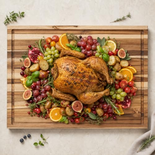 Edge Grain Teak Wood Cutting Board 18x14x1.25" With Deep Juice Groove & Side Handles (Teak Wood - Edge Grain / 18"L x 14"W)