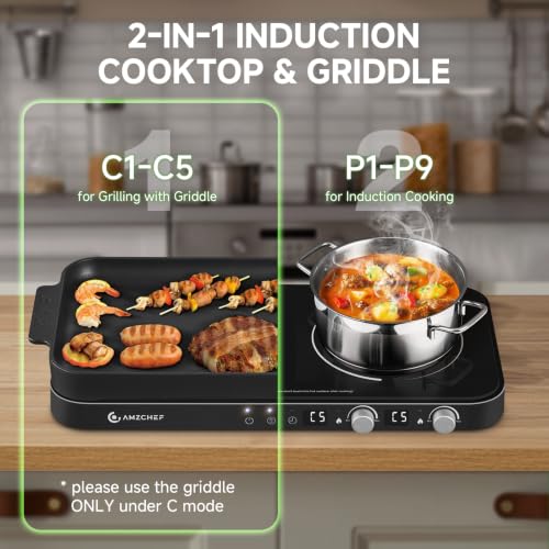 Double Induction Cooktop with Removable Griddle Pan Non