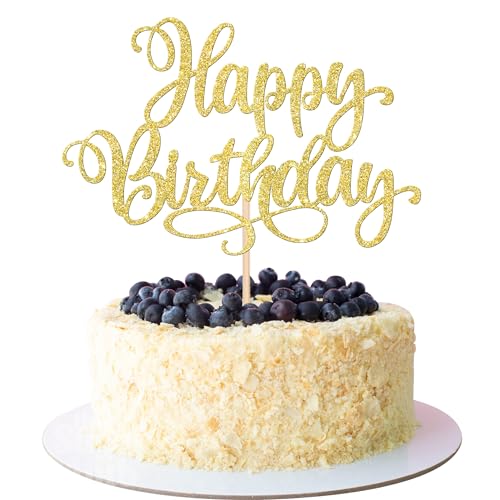 1 PCS Happy Birthday Cake Topper Glitter Happy Birthday Cake Pick Bunting Decor for Anniversary Celebrating Happy Birthday Party Cake Decorations Supplies Gold