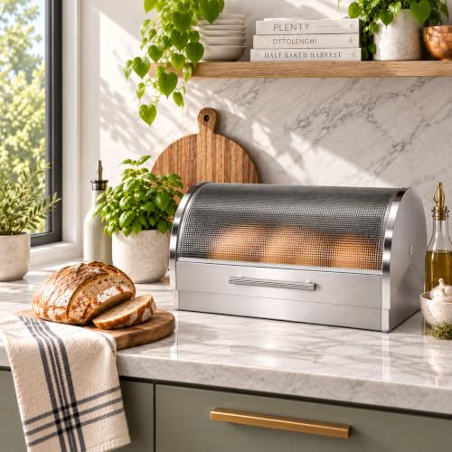 Stainless Steel Roll Top Bread Box for Kitchen Countertop with Tempered Glass Lid (15.25 x 8.25 x 8.25 inches / Roll top with Tempered Glass Lid)