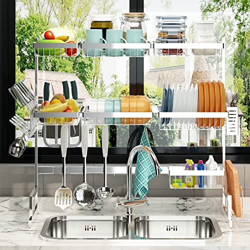 Over Sink Dish Drying Rack Stainless Steel (Silver(304 Stainless Steel) / 3Tier - Standard(34"-46"))