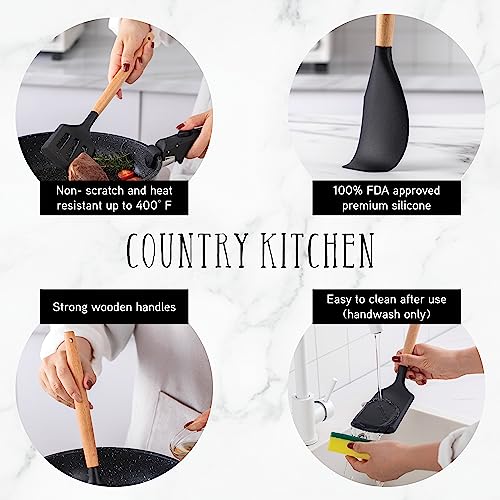 Non Stick Silicone Utensil Set with Rounded Wood Handles for Cooking and Baking (14 Piece Set / Black)