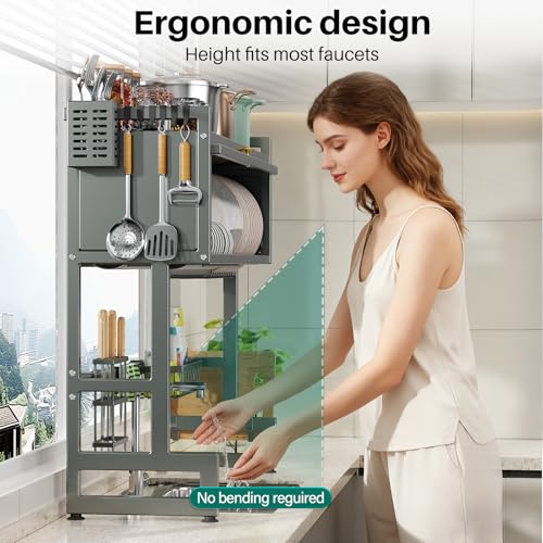 Over the Sink Dish Drying Rack 3 Tier with Dustproof Flip (Gray / 33.4in)