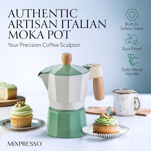 3 Cup Moka Pot Stovetop Espresso Maker (Green - Ivory / 3 Espresso Cups)