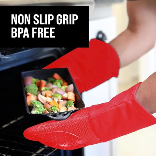 BPA Free Silicone Oven Mitts Ultra Heat Resistant up to 500°F (Red / 2-Piece 13.7" Oven Mitts)