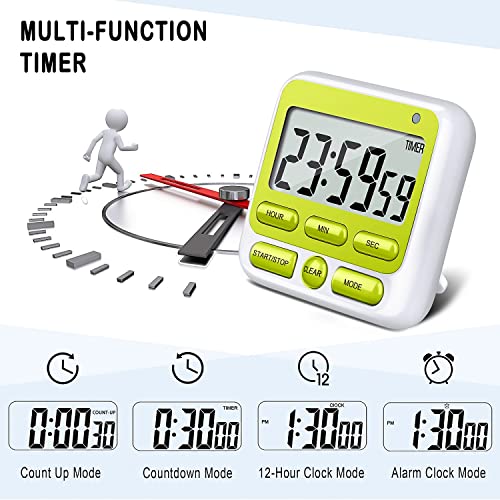 4-in-1 Digital Timer with Count Up/Down, Clock & Alarm, Ring & Silent Modes (Green)