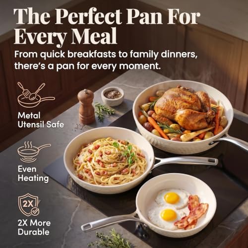 Hammered 3 Pc Titanium Ceramic Nonstick Frying Pans Set (Hammered Cream)