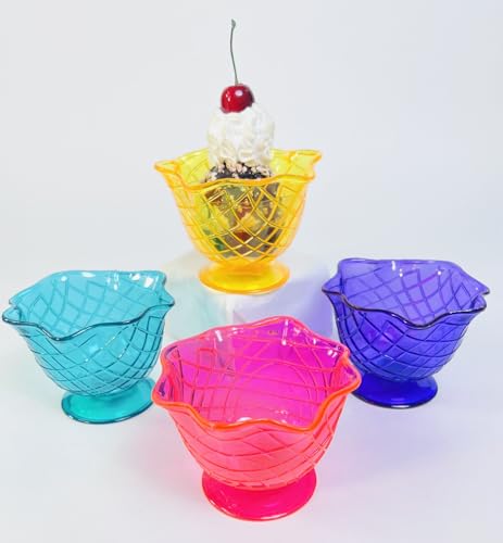 Set of 4 Waffle Cone Pattern Ice Cream Dishes in 4 Assorted Bright Summer Colors